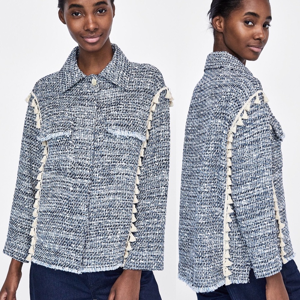 ZARA Tweed Shacket w/ Tassels & Pockets Blue/White Color Size L NWT.